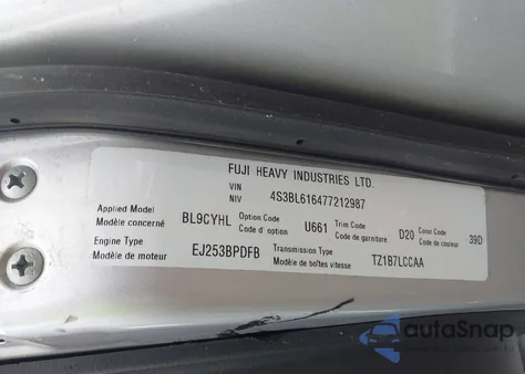 2007 Subaru Legacy 2.5I из США, поврежденный, VIN 4S3BL616477212987